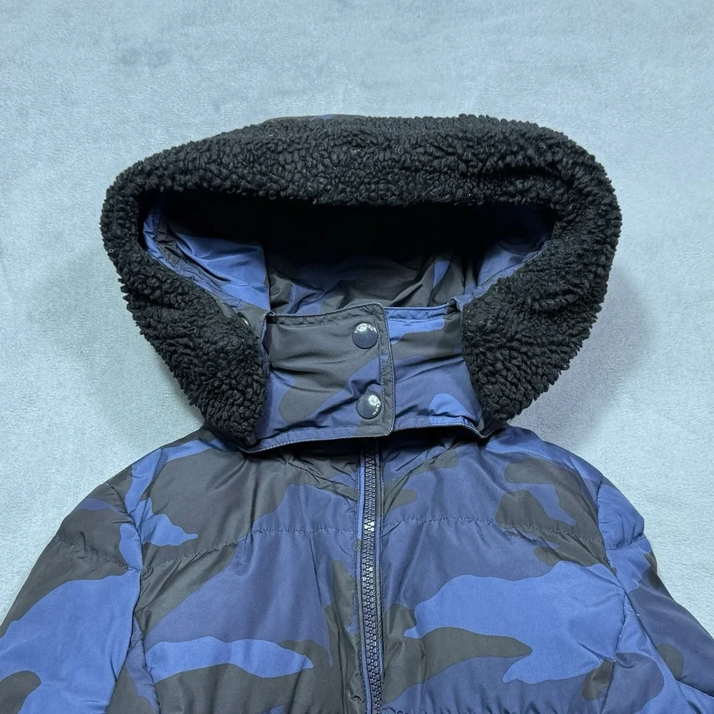 Coach Puffer Jacket Womens S Blue Camo Goose Down Sherpa Hood